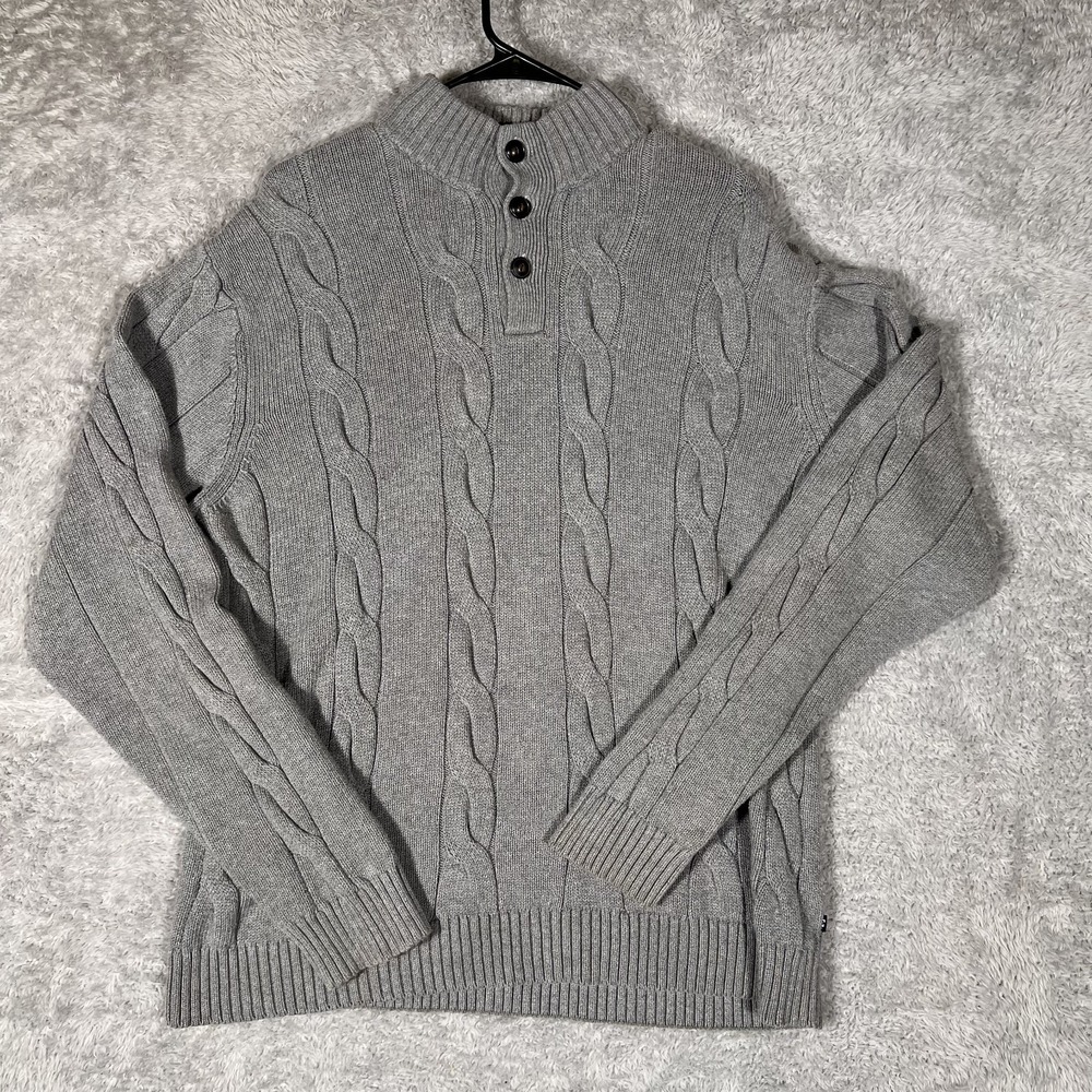 Chaps Sweater Mens 2XL Gray Cable Knit Cotton Long Sleeve Mock Neck Pullover